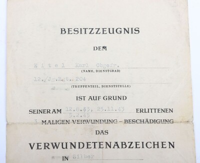 WW2 German Army Award Document Group to an Obergefreiter Karl Eifel of 12./J&auml;ger-Regiment 204, 97. J&auml;ger-Division - 4