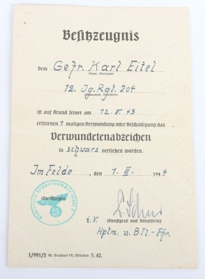 WW2 German Army Award Document Group to an Obergefreiter Karl Eifel of 12./J&auml;ger-Regiment 204, 97. J&auml;ger-Division - 6