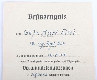 WW2 German Army Award Document Group to an Obergefreiter Karl Eifel of 12./J&auml;ger-Regiment 204, 97. J&auml;ger-Division - 7