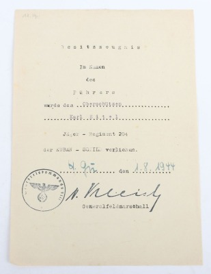WW2 German Army Award Document Group to an Obergefreiter Karl Eifel of 12./J&auml;ger-Regiment 204, 97. J&auml;ger-Division - 9
