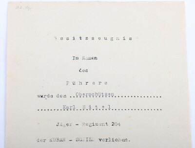 WW2 German Army Award Document Group to an Obergefreiter Karl Eifel of 12./J&auml;ger-Regiment 204, 97. J&auml;ger-Division - 10