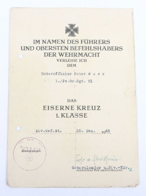 WW2 German Panzer Award Document Grouping to Leutnant Peter Bore, 24. Panzer-Division - 12
