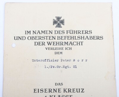 WW2 German Panzer Award Document Grouping to Leutnant Peter Bore, 24. Panzer-Division - 13