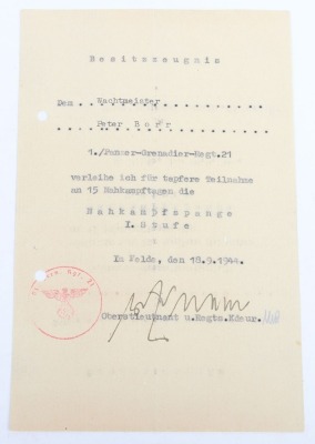 WW2 German Panzer Award Document Grouping to Leutnant Peter Bore, 24. Panzer-Division - 15