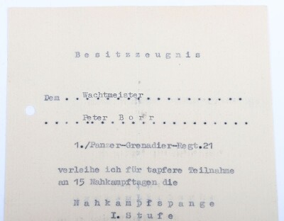 WW2 German Panzer Award Document Grouping to Leutnant Peter Bore, 24. Panzer-Division - 16