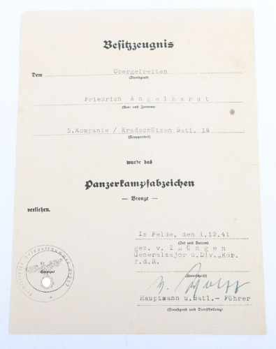 WW2 German Panzer Assault Badge in Bronze Award Document to Obergefreiter Friedrich Engelhardt, Kradsch&uuml;tzen-Bataillon 18, 18. Panzer-Division.