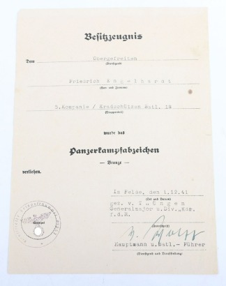 WW2 German Panzer Assault Badge in Bronze Award Document to Obergefreiter Friedrich Engelhardt, Kradsch&uuml;tzen-Bataillon 18, 18. Panzer-Division.