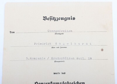 WW2 German Panzer Assault Badge in Bronze Award Document to Obergefreiter Friedrich Engelhardt, Kradsch&uuml;tzen-Bataillon 18, 18. Panzer-Division. - 3