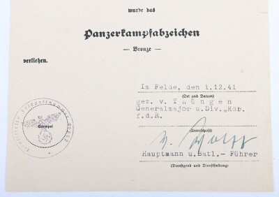 WW2 German Panzer Assault Badge in Bronze Award Document to Obergefreiter Friedrich Engelhardt, Kradsch&uuml;tzen-Bataillon 18, 18. Panzer-Division. - 4