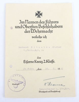 WW2 German Award Document Grouping to Oberleutnant G&uuml;nther Nitschke, 17. Panzer-Division - 10