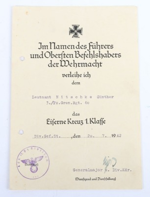 WW2 German Award Document Grouping to Oberleutnant G&uuml;nther Nitschke, 17. Panzer-Division - 18