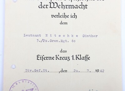 WW2 German Award Document Grouping to Oberleutnant G&uuml;nther Nitschke, 17. Panzer-Division - 20