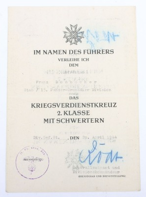 WW2 German Award Document Grouping to Unteroffizier F. Dombacher, 15. Panzergrenadier-Division - 3