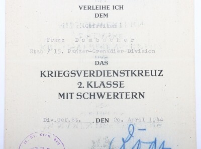 WW2 German Award Document Grouping to Unteroffizier F. Dombacher, 15. Panzergrenadier-Division - 5
