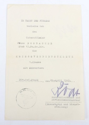 WW2 German Award Document Grouping to Unteroffizier F. Dombacher, 15. Panzergrenadier-Division - 7