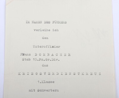 WW2 German Award Document Grouping to Unteroffizier F. Dombacher, 15. Panzergrenadier-Division - 8