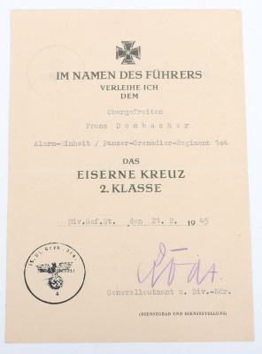 WW2 German Award Document Grouping to Unteroffizier F. Dombacher, 15. Panzergrenadier-Division - 10