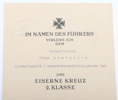 WW2 German Award Document Grouping to Unteroffizier F. Dombacher, 15. Panzergrenadier-Division - 11