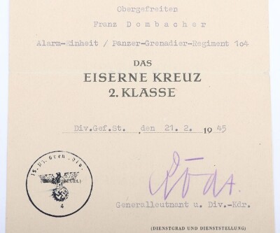 WW2 German Award Document Grouping to Unteroffizier F. Dombacher, 15. Panzergrenadier-Division - 12