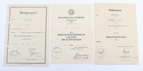 WW2 German Award Document Group to Obergefreiter K. Hick, Panzer-Regiment 27, 19. Panzer-Division.