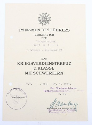WW2 German Award Document Group to Obergefreiter K. Hick, Panzer-Regiment 27, 19. Panzer-Division. - 7