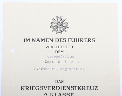WW2 German Award Document Group to Obergefreiter K. Hick, Panzer-Regiment 27, 19. Panzer-Division. - 8