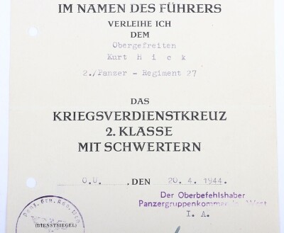 WW2 German Award Document Group to Obergefreiter K. Hick, Panzer-Regiment 27, 19. Panzer-Division. - 9