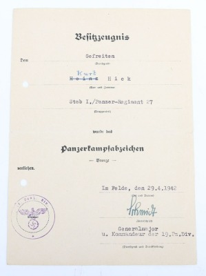 WW2 German Award Document Group to Obergefreiter K. Hick, Panzer-Regiment 27, 19. Panzer-Division. - 11