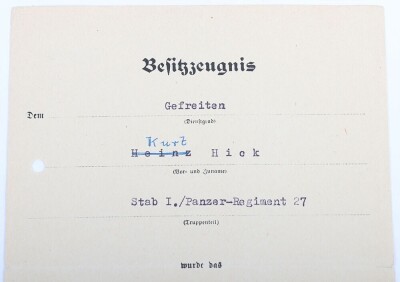 WW2 German Award Document Group to Obergefreiter K. Hick, Panzer-Regiment 27, 19. Panzer-Division. - 12