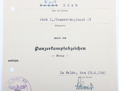 WW2 German Award Document Group to Obergefreiter K. Hick, Panzer-Regiment 27, 19. Panzer-Division. - 13