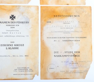Important WW2 German Group of six Award Documents to Members of 116. Panzer-Division &ldquo;Windhund - 16