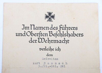 WW2 German Award Document Grouping to Gefr. Kurt Samusch, 3./Pionier-Bataillon 241, 161. Infanterie-Division - 6