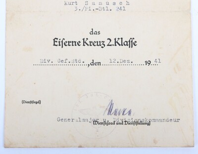 WW2 German Award Document Grouping to Gefr. Kurt Samusch, 3./Pionier-Bataillon 241, 161. Infanterie-Division - 7