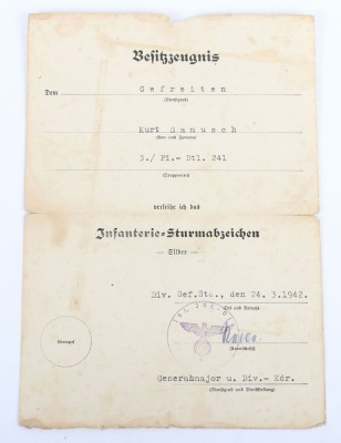 WW2 German Award Document Grouping to Gefr. Kurt Samusch, 3./Pionier-Bataillon 241, 161. Infanterie-Division - 8