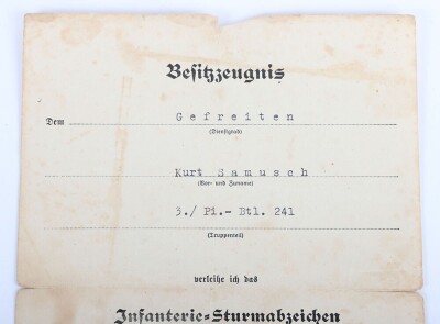 WW2 German Award Document Grouping to Gefr. Kurt Samusch, 3./Pionier-Bataillon 241, 161. Infanterie-Division - 9