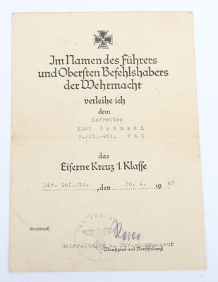 WW2 German Award Document Grouping to Gefr. Kurt Samusch, 3./Pionier-Bataillon 241, 161. Infanterie-Division - 11