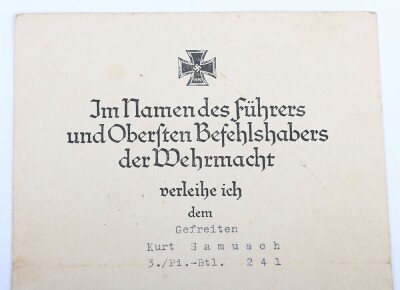 WW2 German Award Document Grouping to Gefr. Kurt Samusch, 3./Pionier-Bataillon 241, 161. Infanterie-Division - 12