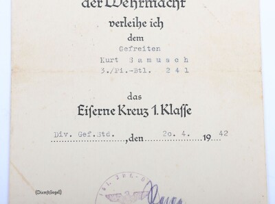 WW2 German Award Document Grouping to Gefr. Kurt Samusch, 3./Pionier-Bataillon 241, 161. Infanterie-Division - 13