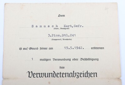 WW2 German Award Document Grouping to Gefr. Kurt Samusch, 3./Pionier-Bataillon 241, 161. Infanterie-Division - 16