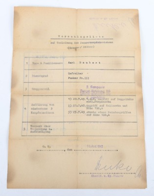 Wehrpass and Panzer Assault Badge recommendation document to Panther tank radio operator Karl Daubert, 116. Panzer-Division &ldquo;Windhund&rdquo; - 2