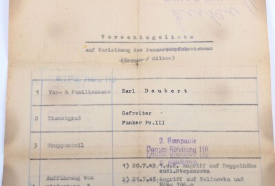Wehrpass and Panzer Assault Badge recommendation document to Panther tank radio operator Karl Daubert, 116. Panzer-Division &ldquo;Windhund&rdquo; - 3