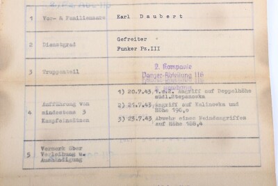 Wehrpass and Panzer Assault Badge recommendation document to Panther tank radio operator Karl Daubert, 116. Panzer-Division &ldquo;Windhund&rdquo; - 4