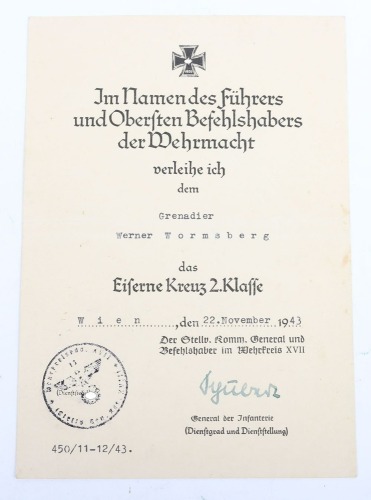 WW2 German Iron Cross 2nd Class Award Document to Grenadier W. Wormsberg, Member of the 44. Reichsgrenadier Division &ldquo;Hoch und Deutschmeister&rdquo; in Italy 1943