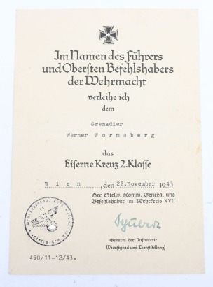 WW2 German Iron Cross 2nd Class Award Document to Grenadier W. Wormsberg, Member of the 44. Reichsgrenadier Division &ldquo;Hoch und Deutschmeister&rdquo; in Italy 1943