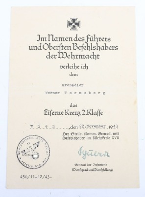 WW2 German Iron Cross 2nd Class Award Document to Grenadier W. Wormsberg, Member of the 44. Reichsgrenadier Division &ldquo;Hoch und Deutschmeister&rdquo; in Italy 1943