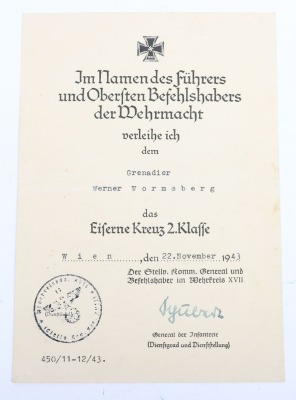 WW2 German Iron Cross 2nd Class Award Document to Grenadier W. Wormsberg, Member of the 44. Reichsgrenadier Division &ldquo;Hoch und Deutschmeister&rdquo; in Italy 1943 - 2