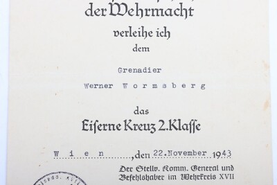 WW2 German Iron Cross 2nd Class Award Document to Grenadier W. Wormsberg, Member of the 44. Reichsgrenadier Division &ldquo;Hoch und Deutschmeister&rdquo; in Italy 1943 - 4