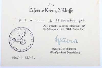 WW2 German Iron Cross 2nd Class Award Document to Grenadier W. Wormsberg, Member of the 44. Reichsgrenadier Division &ldquo;Hoch und Deutschmeister&rdquo; in Italy 1943 - 5