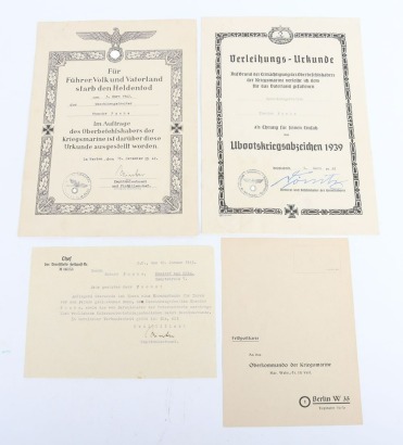 WW2 German Kriegsmarine U-Boat KIA Document Group to Maschinengefr. Theodor Fuchs, KIA on U-656