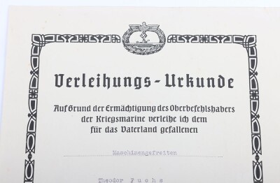 WW2 German Kriegsmarine U-Boat KIA Document Group to Maschinengefr. Theodor Fuchs, KIA on U-656 - 4
